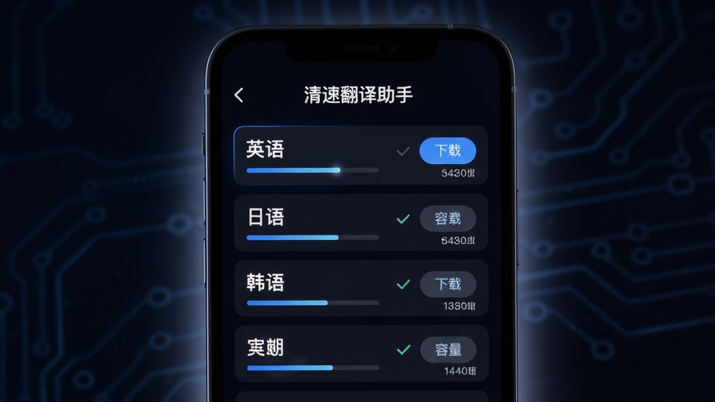 清速翻译助手离线翻译包功能示意图,主体是一个手机屏幕显示离线语言包下载列表,列表中有英语、日语、韩语等选项,每个选项旁有下载按钮和容量标识,屏幕上方有