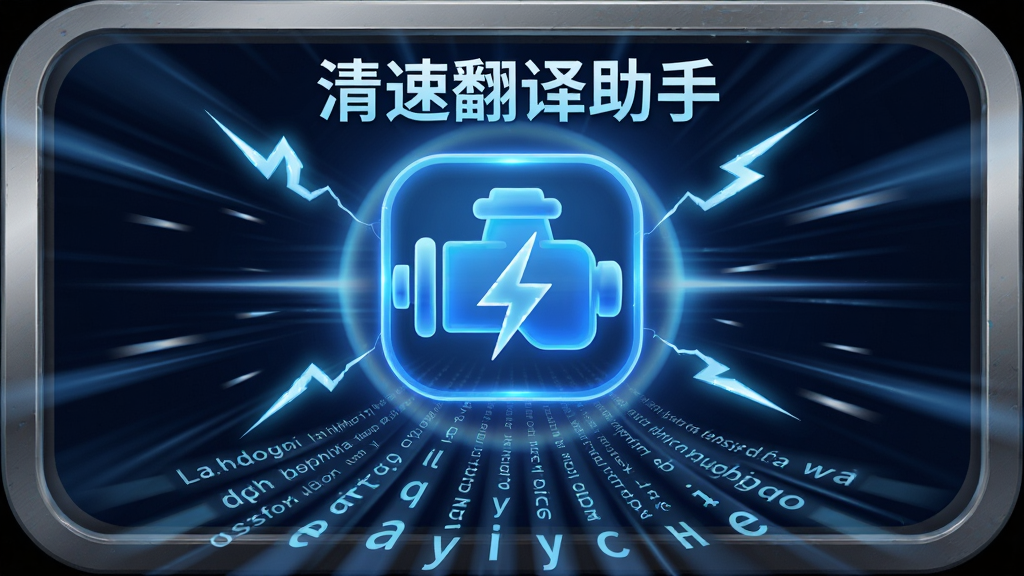 清速翻译助手极速翻译引擎概念图,主体是一个发光的蓝色引擎图标位于画面中心,周围有闪电和速度线环绕,引擎上方显示