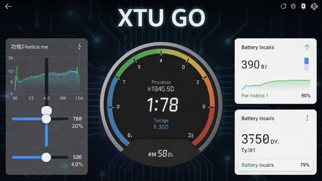 XTU GO 安卓手机性能调校工具主界面,中央展示处理器频率与温度仪表盘,左侧为功耗滑块,右侧为电池健康数据卡片,背景为深色科技风渐变,顶部写有“XTU GO”白色发光字体,整体布局清晰对称,风格为现代扁平化UI,细节包含实时曲线图与百分比数值,画质高清干净,无多余元素