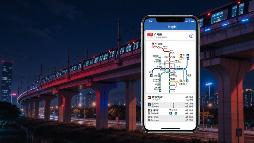 一部手机展示广州地铁APP的线路详情页面,屏幕上显示广州地铁线路图和首末班车时间表,背景是城市夜景中的地铁高架桥,红色和蓝色灯光点缀,风格科技感十足,画质清晰干净,无多余元素