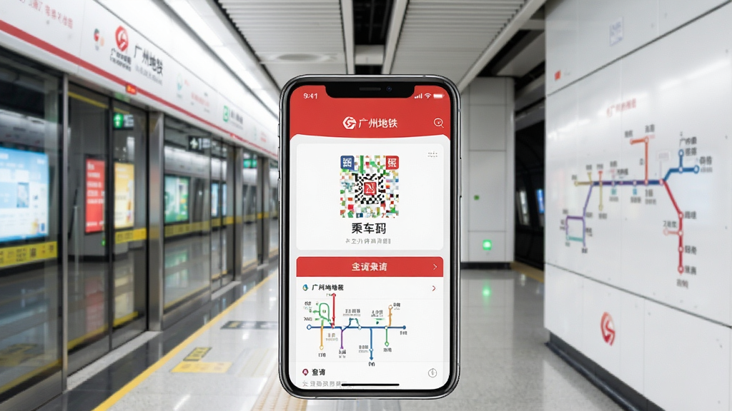 一张展示广州地铁APP首页界面的手机截图,画面中央是明亮整洁的地铁站台背景,前景是一部智能手机,手机屏幕上显示广州地铁APP的乘车码页面和线路查询功能,整体色调以广州地铁标志性的红色和白色为主,风格现代简洁,画质清晰干净,无多余元素
