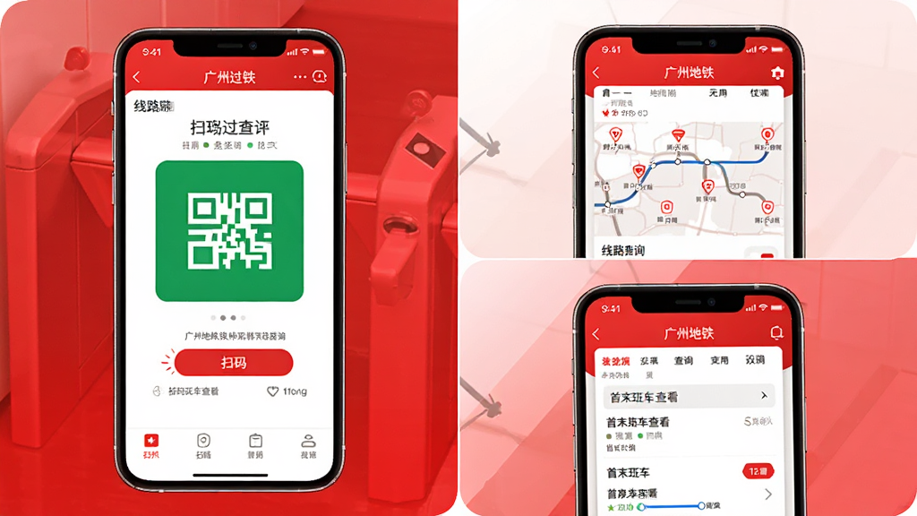 一张展示智能手机上广州地铁APP使用技巧的示意图,画面分为几个小区域分别展示扫码过闸、线路查询、首末班车查看等操作场景,整体风格清新简洁,红色和白色为主色调,画质高清干净,无多余元素