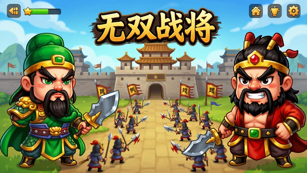 一款以三国为背景的Q版塔防手机游戏,画面中央展示
