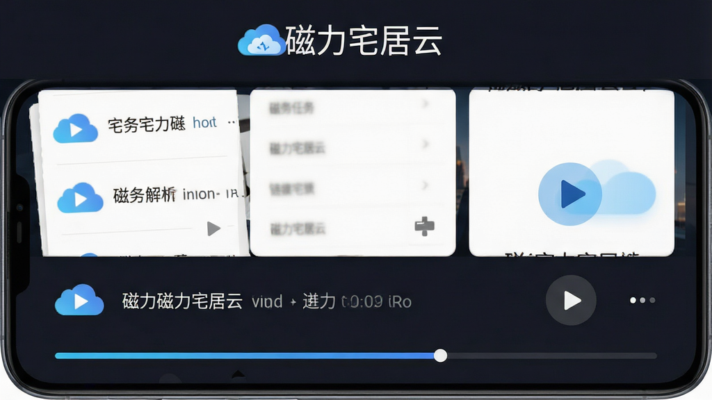 磁力宅居云安卓手机界面截图,主体为手机屏幕显示磁力链接解析列表和视频播放按钮,布局采用居中构图,上方为软件名称“磁力宅居云”文字标识,下方展示清晰的磁力任务卡片和进度条,排版简洁有序,风格为现代科技感扁平化设计,细节包含云朵图标、播放三角符号和深色背景,画质高清,干净无多余元素