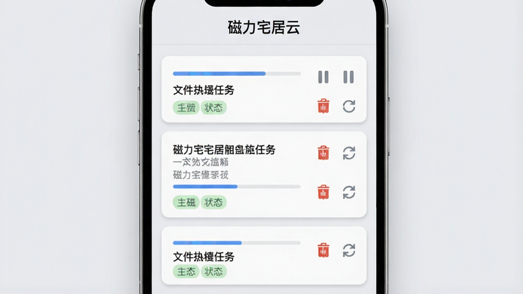 磁力宅居云任务管理界面,主体为手机屏幕显示多个下载任务卡片,布局采用纵向滚动列表排版,上方为“磁力宅居云”标题栏,下方每个卡片包含进度条、文件名称和状态标签,风格为简约商务浅灰质感设计,细节包含暂停、删除和刷新图标,画质高清,干净无多余元素