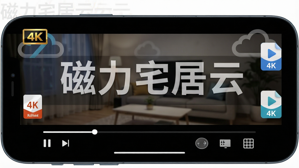 磁力宅居云多格式播放功能展示,主体为手机横屏播放视频画面,布局采用全屏播放器界面,上方叠加“磁力宅居云”半透明水印,下方为播放控制栏包含进度条、倍速按钮和字幕图标,风格为深色影院模式,细节包含4K画质标识和多格式图标环绕,画质清晰,干净无多余元素