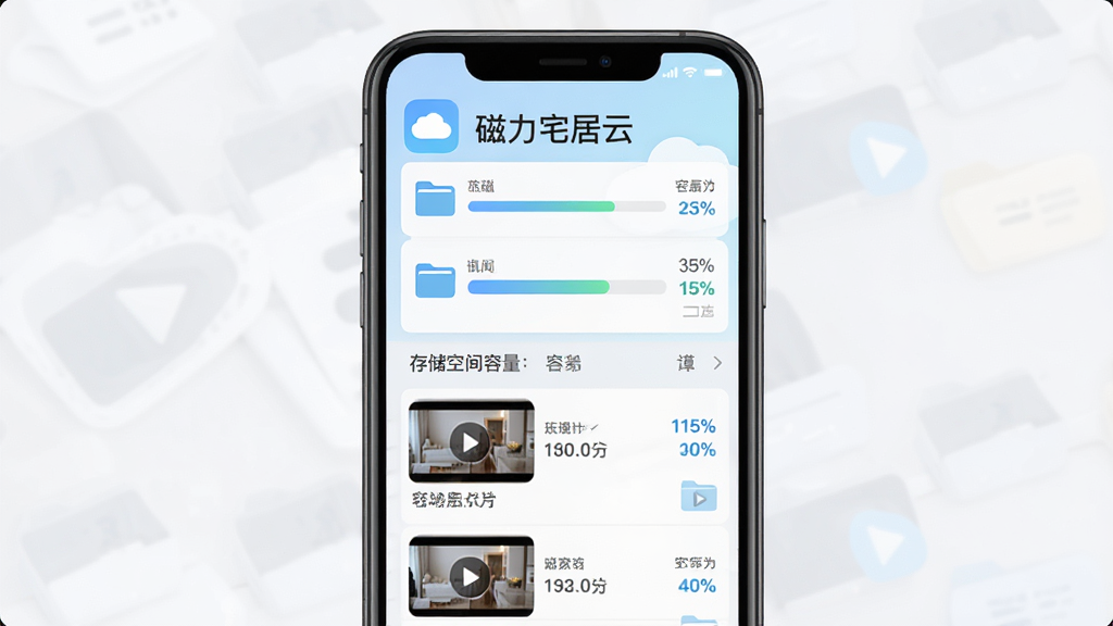 磁力宅居云云存储功能界面,主体为手机屏幕显示云端文件列表和存储空间容量条,布局采用纵向列表排版,上方为“磁力宅居云”软件名称和云朵图标,下方展示多个视频文件缩略图及大小信息,风格为清新浅色系扁平化设计,细节包含进度条、文件夹图标和容量百分比,画质高清,干净无多余元素
