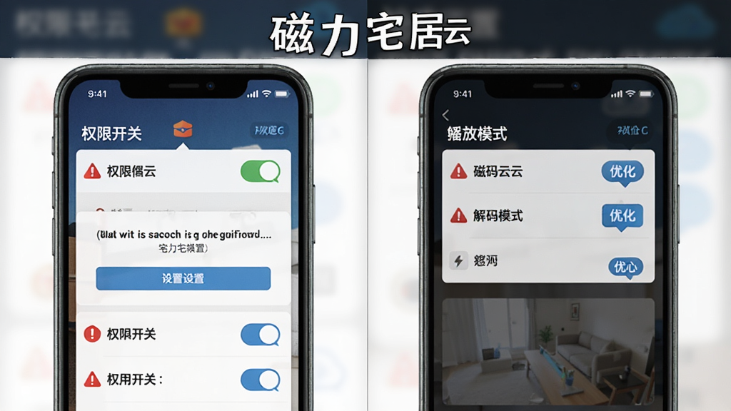 磁力宅居云新手操作手机截图,主体为手机屏幕显示安装权限设置和播放设置界面,布局采用分屏对比排版,左侧为权限开关列表,右侧为解码模式选项,上方标注“磁力宅居云”文字,风格为扁平化教学示意图,细节包含红色警示图标和蓝色优化标签,画质高清,干净无多余元素