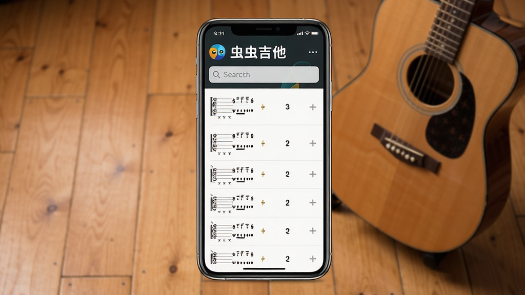 一张展示虫虫吉他软件界面的手机应用截图,画面中央是一部现代智能手机,手机屏幕上显示着虫虫吉他的主界面,界面上有吉他谱列表和搜索栏,背景是温馨的木质地板和一把木吉他,布局简洁明了,风格为写实产品展示风格,细节包括手机边框的光泽、屏幕上的文字清晰可见,画质高清,干净,无多余元素