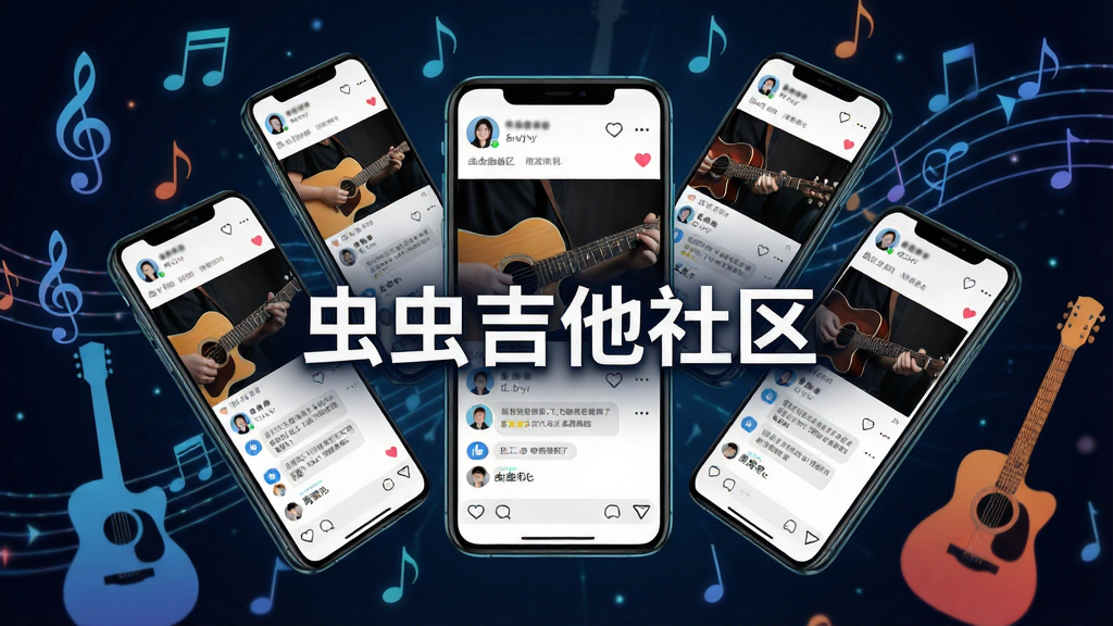 一张展示虫虫吉他社区互动界面的AI生图,画面中央是多个手机屏幕悬浮在空中,屏幕上显示着用户发布的吉他演奏视频和评论互动,背景是音乐符号和吉他剪影,布局为放射状排列,风格为社交科技感,细节包括屏幕上的头像、点赞图标、评论文字,画质高清,干净,无多余元素,画面中打文字“虫虫吉他社区”