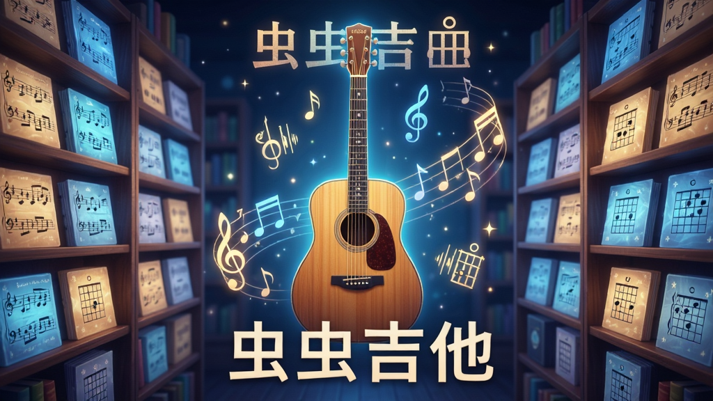 一幅展示虫虫吉他曲谱库的AI生图,画面主体是一个虚拟的音乐图书馆,书架上整齐排列着发光的乐谱,中央悬浮着一把木吉他,周围环绕着音符和和弦符号,布局采用对称式构图,风格为梦幻音乐主题,细节包括乐谱上的音符清晰可见、吉他纹理细腻,画质高清,干净,无多余元素,画面中打文字“虫虫吉他”