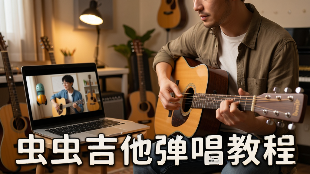 一幅展示虫虫吉他弹唱教学场景的AI生图,画面中央是一位吉他老师坐在椅子上弹奏吉他,面前有一台显示教学视频的笔记本电脑,背景是温馨的音乐教室,布局为三分法构图,风格为温暖教学氛围,细节包括老师的手部动作、吉他弦的震动、屏幕上的教学画面,画质高清,干净,无多余元素,画面中打文字“虫虫吉他弹唱教程”