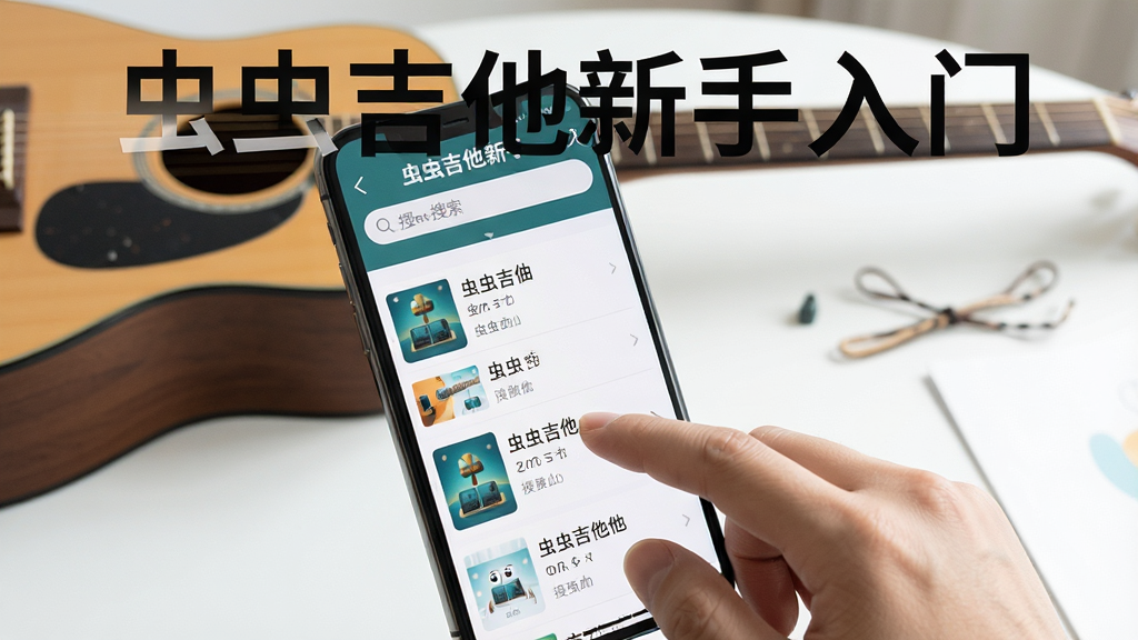 一张展示虫虫吉他新手操作界面的AI生图,画面中央是一部手机,屏幕上显示着虫虫吉他的曲谱搜索页面,旁边有一只手正在点击屏幕,背景是简洁的桌面和一把吉他,布局为特写视角,风格为清新教学风格,细节包括手机屏幕上的搜索框、曲谱列表、手指的动作,画质高清,干净,无多余元素,画面中打文字“虫虫吉他新手入门”