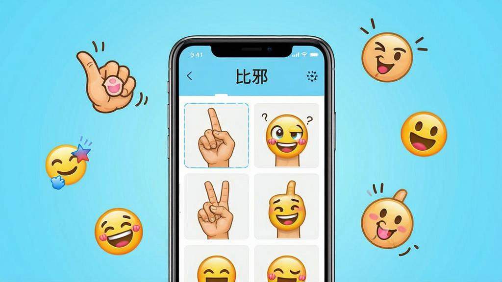 一张展示比耶App核心功能的宣传图,画面中央是一部智能手机,手机屏幕上显示着比耶表情包制作界面,界面中有多个比耶手势图片和表情包缩略图,手机周围漂浮着几个卡通比耶手势图标和表情符号,背景为明亮的浅蓝色渐变,整体风格清新活泼,细节包括手机屏幕上的