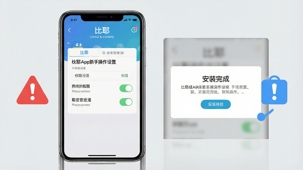 一张展示比耶App新手操作要点的示意图,画面主体是手机屏幕,屏幕上显示比耶App的权限设置界面和安装完成提示,旁边有红色警告图标和蓝色提示图标,背景为浅灰色,整体风格清晰,细节包括屏幕上的