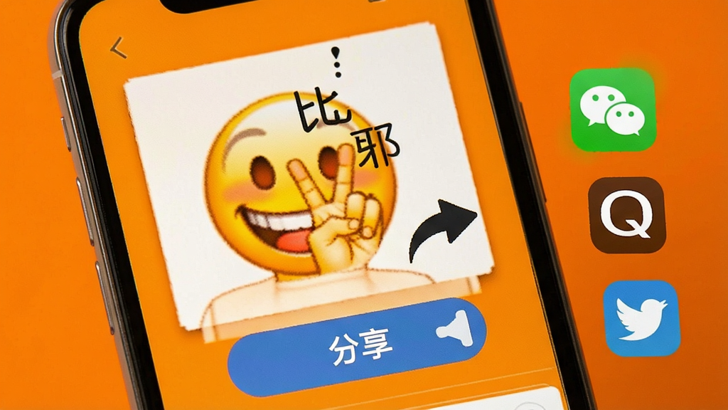 一张展示比耶App分享功能的图片,画面主体是手机屏幕,屏幕上显示一个比耶表情包作品和分享按钮,按钮旁有微信、QQ等社交平台图标,背景为明亮的橙色,整体风格活泼,细节包括屏幕上的