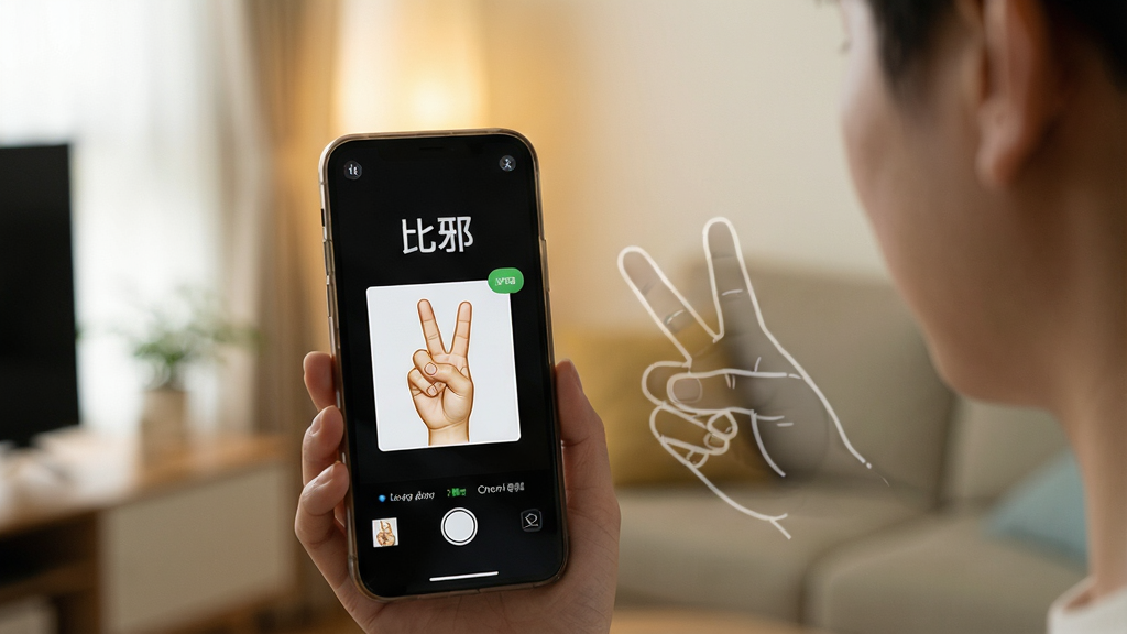 一张展示比耶App手势识别功能的图片,画面中一个人对着手机摄像头比出耶的手势,手机屏幕上显示识别成功的提示和生成的比耶表情包预览,背景为室内环境,光线柔和,整体风格真实自然,细节包括屏幕上的