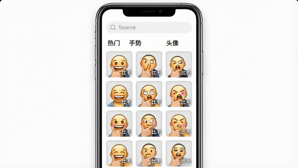 一张展示比耶App素材库界面的图片,画面主体是手机屏幕,屏幕上排列着整齐的比耶表情包和比耶手势图片缩略图,分为多个分类标签,如