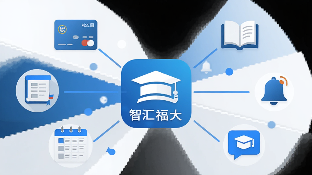һ��չʾ�ǻ㸣��Appһվʽ�����ܵĲ廭�������������ǻ㸣��Ӧ��ͼ�꣬��Χ����У԰�����鱾���α�����Ϣ������ͼ�꣬�����߻�۵����룬���ֳʷ���״��������±�ƽ����ϸ�ڰ�����ɫ��ǳ����ɫ�����ʸ��壬�ɾ����޶���Ԫ��