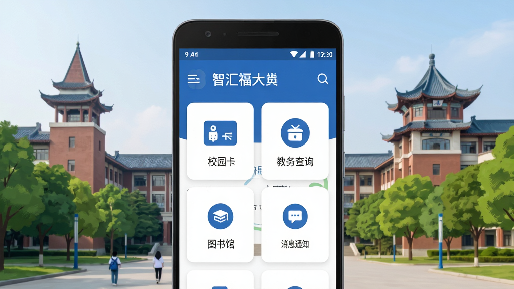 һ��չʾ�ǻ㸣��У԰����App���������ȫòͼ������������һ����׿�ֻ�����Ļ��ʾ�ǻ㸣����ҳ������У԰���������ѯ��ͼ��ݡ���Ϣ֪ͨ��ͼ��ģ�飬�����Ǹ��ݴ�ѧУ԰��־�Խ��������������ּ������������ִ���ƽ����ϸ�ڰ�����ɫ��ɫ�����ɫ��Ƭ�����ʸ��壬�ɾ����޶���Ԫ��