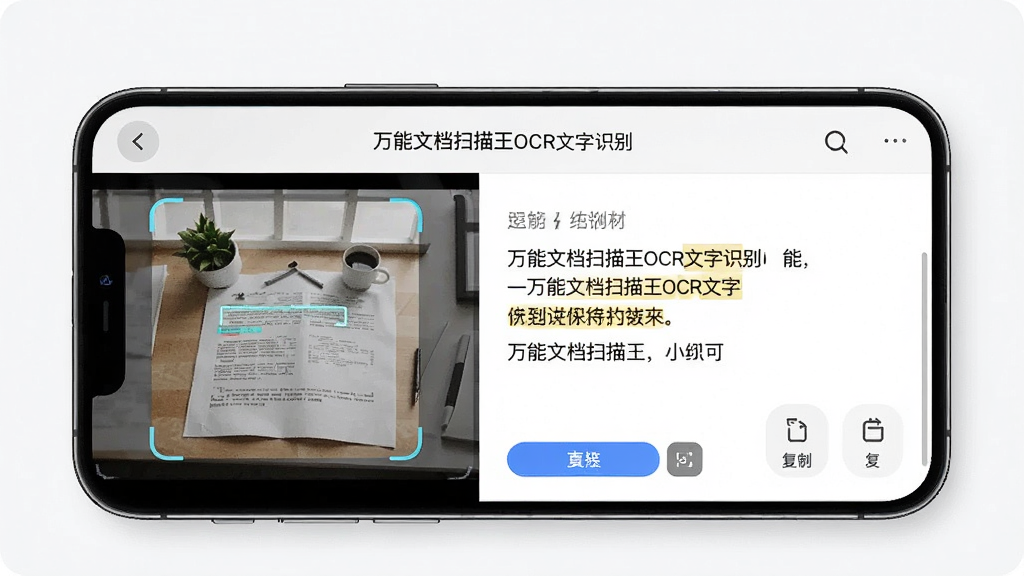 一张展示万能文档扫描王OCR文字识别功能的界面图,主体为手机屏幕显示扫描图片与提取出的文字对照,布局为上下分栏,排版清晰,风格为简约商务,细节包含识别按钮、文字高亮和复制选项,画质高清,干净,无多余元素