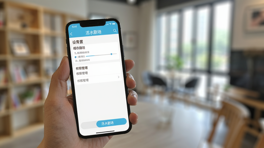 一张展示活水剧场移动端操作界面的图片,画面中一只手拿着手机,屏幕显示活水剧场的设置页面,有缓存路径和权限管理选项,背景是模糊的室内环境,风格写实,画质清晰,干净无多余元素