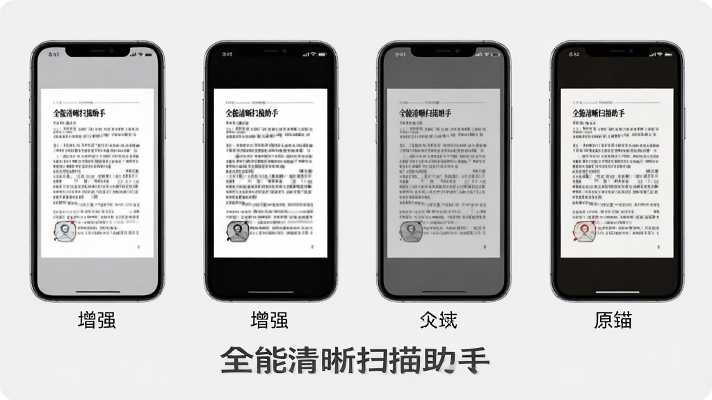画面展示手机屏幕中同一份文档在增强、黑白、灰度、原图四种滤镜下的对比效果,四张缩略图横向排列,每张下方标注滤镜名称。背景为浅灰色,风格清爽素雅,排版简洁,画质干净明亮,图片中可加入文字“全能清晰扫描助手”。
