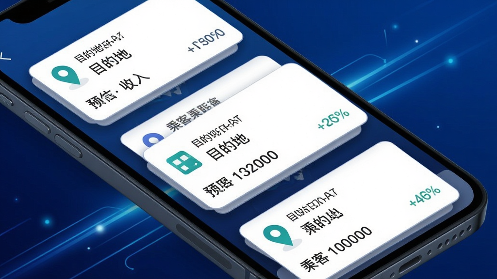 拼客专车司机端智能订单推送功能展示图,画面主体为手机屏幕特写,屏幕上弹出多个订单卡片,卡片上显示乘客位置、目的地距离和预估收入金额。画面采用斜角透视布局,风格偏向科技感与实用感。细节上订单卡片带有轻微阴影和圆角,背景为深蓝色渐变,点缀光效线条。画质清晰,画面干净整洁,无多余元素。