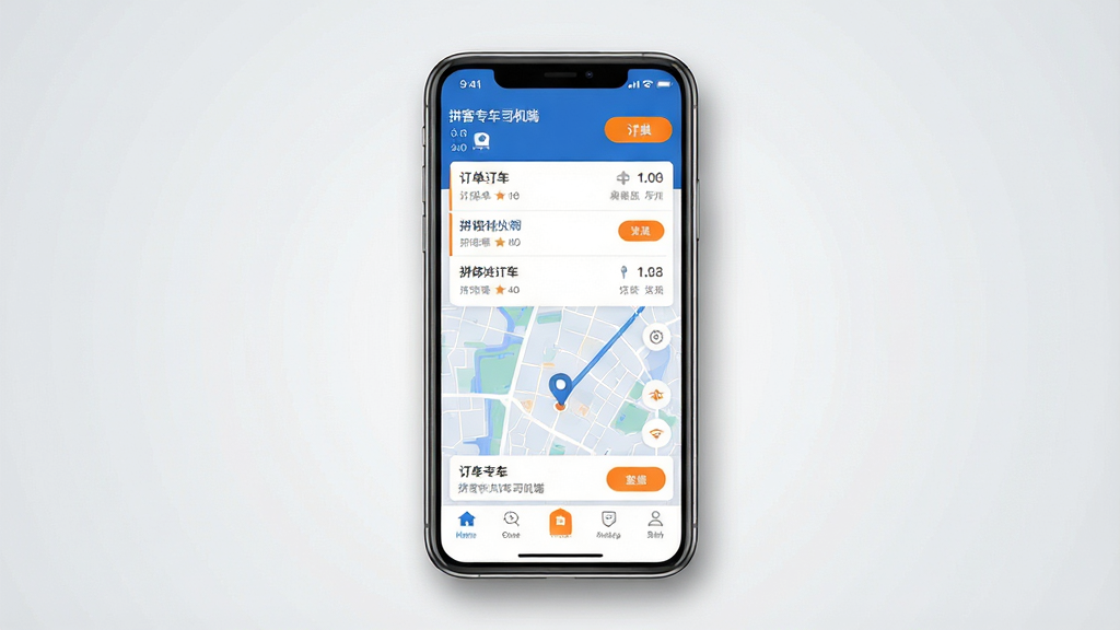 一张以拼客专车司机端为主题的手机应用界面展示图,画面中央是一部竖屏智能手机,手机屏幕内清晰显示拼客专车司机端的主页界面,包含订单列表、地图导航区域和底部功能菜单栏。背景为浅灰色渐变,布局采用居中对称排版,风格简洁现代商务。细节上手机边缘带有轻微阴影,界面元素色彩以蓝白为主,点缀少量橙色按钮。画质高清,画面干净,无多余元素干扰,整体视觉清爽专业。