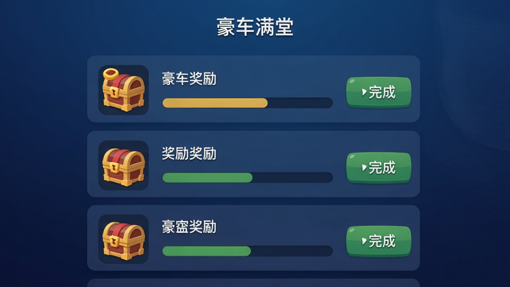 画面主体是一个游戏任务界面截图,界面中显示“豪车满堂”的每日任务列表,包含多个任务条目与进度条,布局为纵向列表排版,风格为扁平化UI设计,细节包括任务图标、奖励宝箱、完成按钮等,画质为高清,干净整洁,背景为深蓝色渐变。
