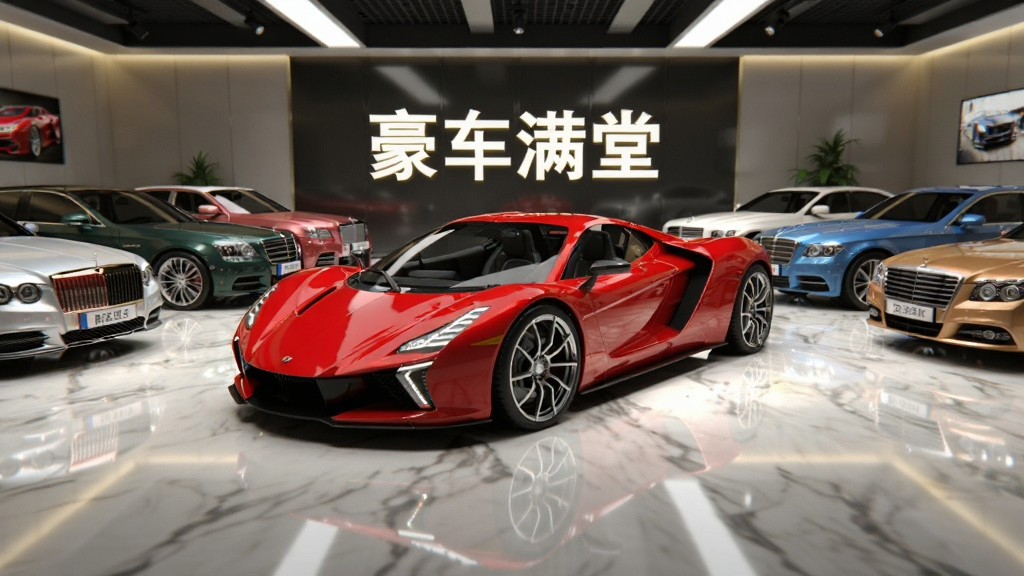 画面主体是一辆炫酷的红色超级跑车停在现代化展厅中央,周围环绕着多辆不同颜色的豪华轿车,布局采用对称式构图,展厅地面为反光大理石材质,背景墙面悬挂着巨大的“豪车满堂”发光字样,风格为写实3D渲染,细节包括车身漆面反光、轮毂金属质感、展厅灯光层次分明,画质为4K超高清,干净无多余杂物,整体氛围高端大气。