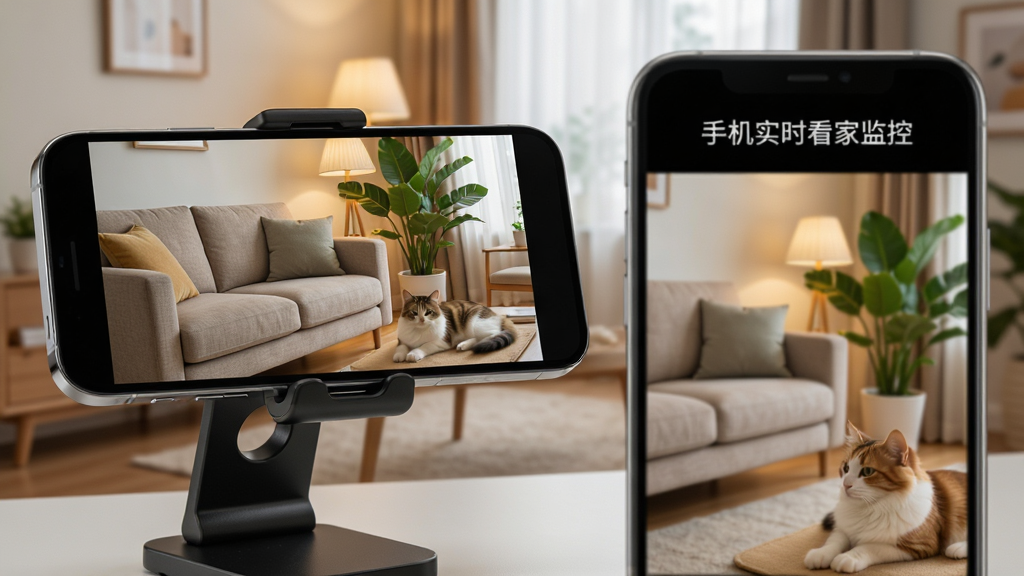 一部旧手机固定在支架上,屏幕显示客厅实时监控画面,画面中有沙发、绿植与宠物猫,另一部手机在前景中展示同一监控画面,整体布局为左右对比构图,风格为科技感写实风,细节包括手机金属边框、屏幕反光、温馨家居灯光,画质清晰干净,无多余元素,图中出现文字“手机实时看家监控”