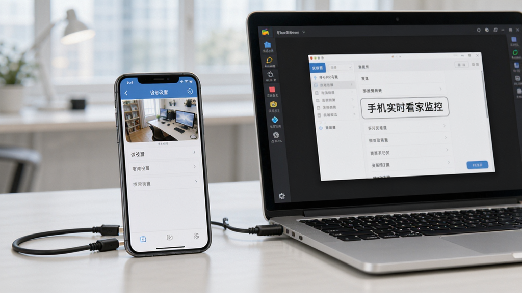 一部手机放在桌面上,屏幕显示监控设置界面,旁边有一台笔记本电脑打开模拟器窗口,整体布局为手机与电脑并排展示,风格为数码科技写实风,细节包括手机数据线、电脑键盘、屏幕上的设置选项,画质清晰干净,无多余元素,图中出现文字“手机实时看家监控”