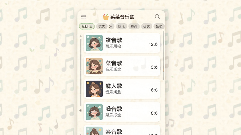 一张以音乐曲库为主题的插画,主体为“菜菜音乐盒”软件界面中滚动的歌曲列表,布局为纵向排列的曲目卡片,每张卡片显示歌名、歌手与时长,排版整齐,风格清新明快,细节包含搜索放大镜图标与分类标签,画质高清,背景为柔和米白色,干净无多余元素。