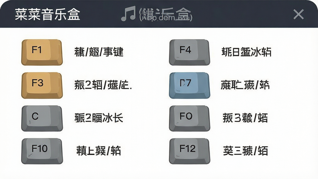 一张展示键盘快捷键的扁平化插图,主体为“菜菜音乐盒”的快捷键设置面板,布局为两列按键提示列表,排版规整,风格简约商务,细节包含F1至F12的键帽图标与对应功能文字说明,画质高清,背景为白色,干净无多余元素。