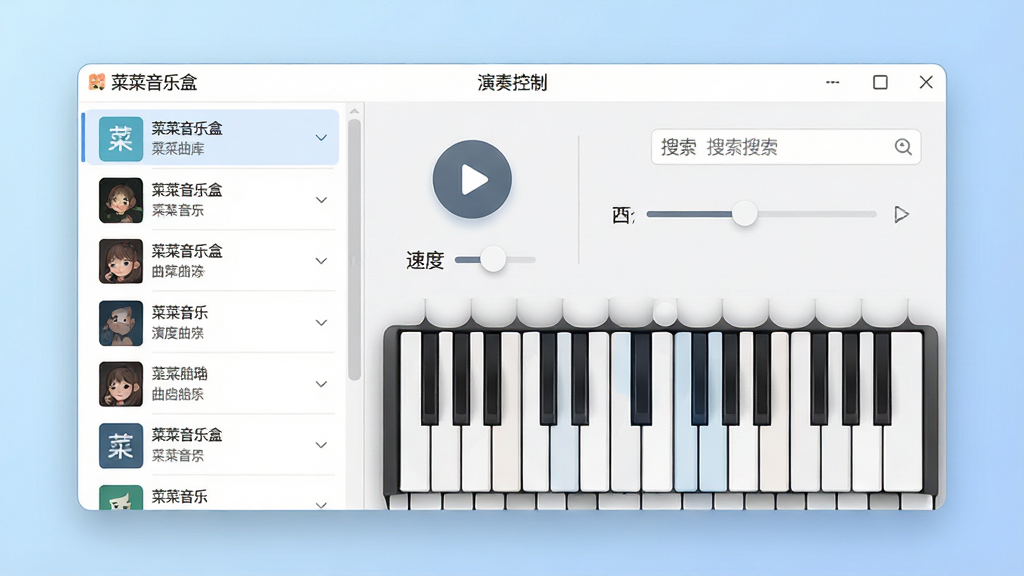 一张干净整洁的软件界面展示图,主体为“菜菜音乐盒”的软件主窗口,布局为左侧曲库列表、右侧演奏控制面板与键盘映射区域,排版清晰,风格现代简约,细节包含播放按钮、速度调节滑块、曲目搜索框,画质高清,背景为淡蓝色渐变,干净无多余元素。