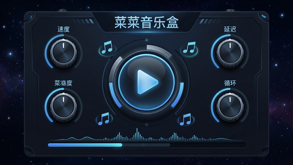 一张展示自动演奏过程的示意图,主体为“菜菜音乐盒”的演奏控制面板,布局为中央大圆形播放按钮与周围环绕的速度、延迟、循环参数调节旋钮,排版对称,风格科技感十足,细节包含跳动的音符与波形进度条,画质高清,背景为深色星空渐变,干净无多余元素。