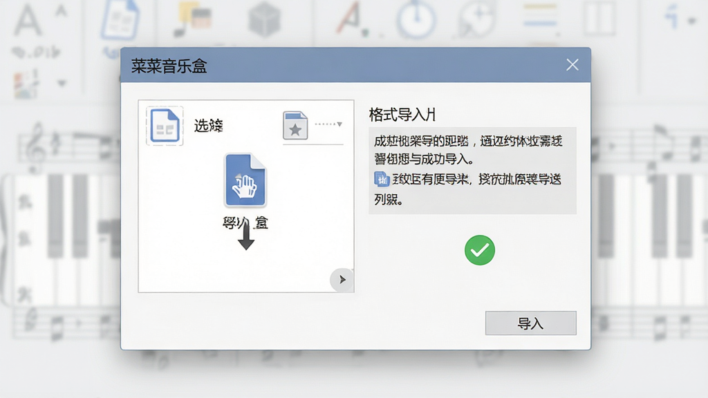 一张表现乐谱导入功能的场景图,主体为“菜菜音乐盒”的导入对话框,布局为文件选择区域与格式说明文字,排版简洁,风格办公软件质感,细节包含拖拽文件图标与成功导入的绿色对勾,画质高清,背景为浅灰色,干净无多余元素。