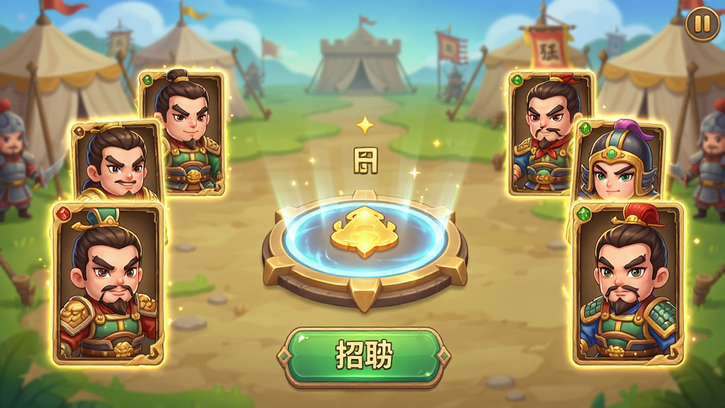 画面展示猛将勇士游戏内的武将招募界面,屏幕中央是一个发光的招募阵,周围环绕着数张武将卡牌,卡牌上印有三国名将的Q版形象,背景是古代军营帐篷,风格为清新明快的卡通渲染,细节包括卡牌边缘的金色光效、招募按钮的立体感、界面UI的简洁排布,画质精细,干净无多余元素