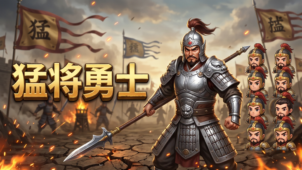 画面中央展示一位身穿银色铠甲、手持长枪的三国猛将,背景是烽火连天的古代战场,画面左侧为游戏标题“猛将勇士”立体金色大字,右侧为Q版武将头像排列成阵,整体风格为写实与卡通融合的东方奇幻风,细节包括飘动的战旗、飞溅的火星、地面龟裂的纹理,画质高清,干净无多余元素