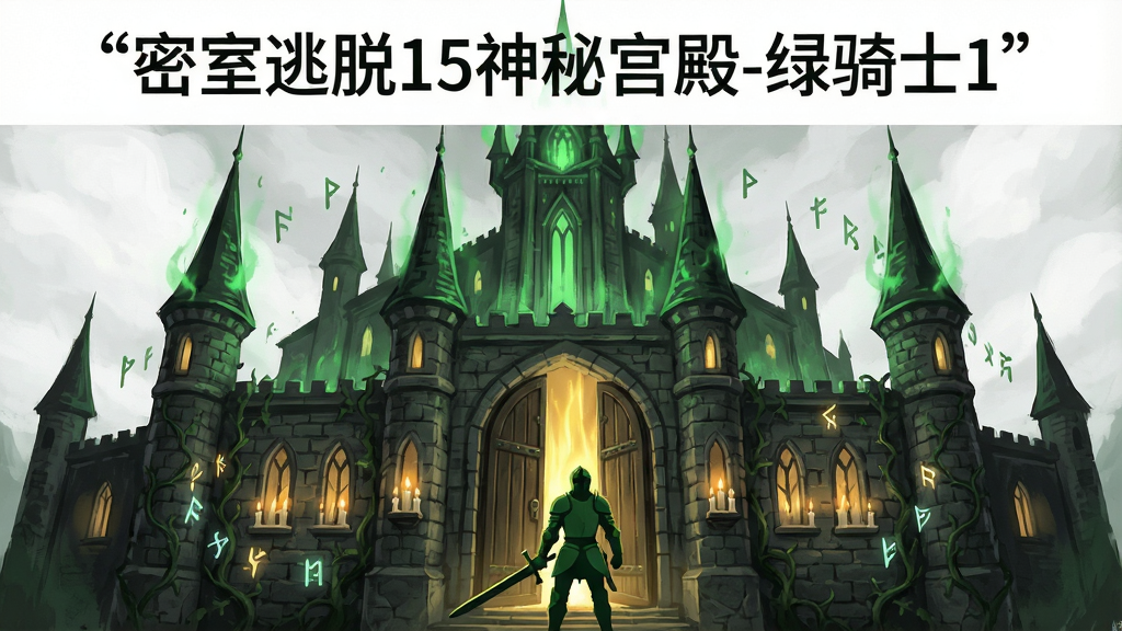 一座宏伟的中世纪魔法宫殿外观,主体建筑高耸入云,尖顶塔楼散发着幽绿色光芒,宫殿大门半开,门缝中透出神秘金色光线,前景有一位身穿绿色铠甲的骑士剪影手持长剑站立,布局采用居中对称构图,上方留白用于标题排版,风格为暗黑奇幻手绘插画,细节包括石墙上的藤蔓纹路、窗户内的烛光、飘浮的魔法符文,画质高清,干净,无多余元素,画面上方用引号标注文字“密室逃脱15神秘宫殿-绿骑士1”
