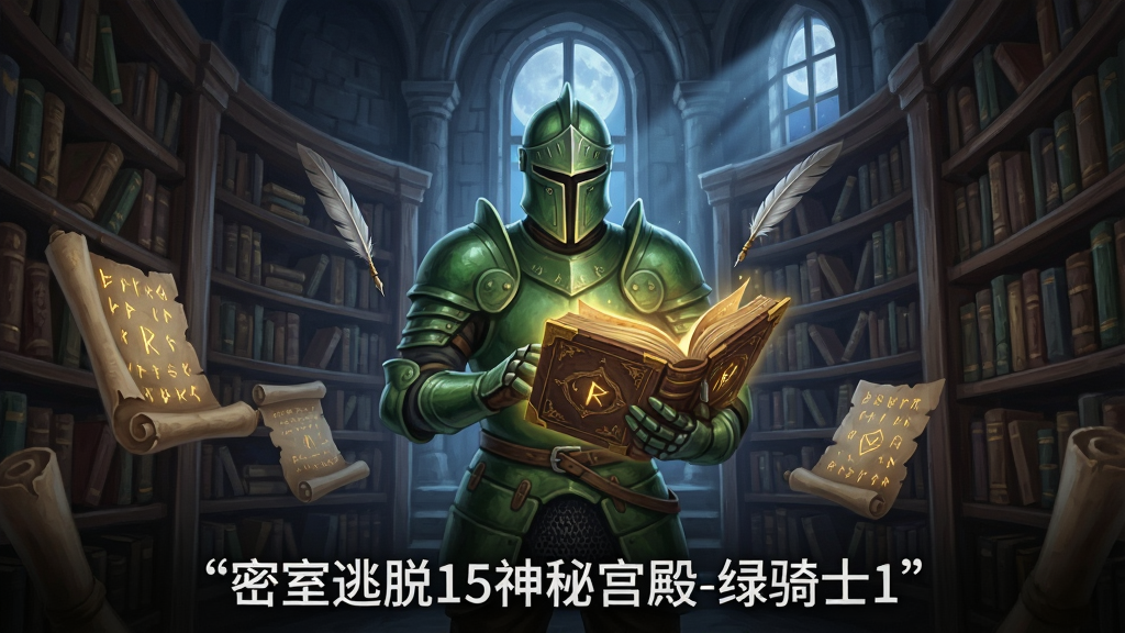 一位身穿绿色铠甲的骑士站在古老图书馆中央,周围是高大的书架和散落的羊皮卷轴,骑士手中捧着一本发光的魔法书,布局为骑士居中,书架呈弧形环绕,风格为奇幻写实插画,细节包括书页上的金色符文、悬浮的羽毛笔、窗外透入的月光,画质高清,干净,无多余元素,画面底部用引号标注文字“密室逃脱15神秘宫殿-绿骑士1”