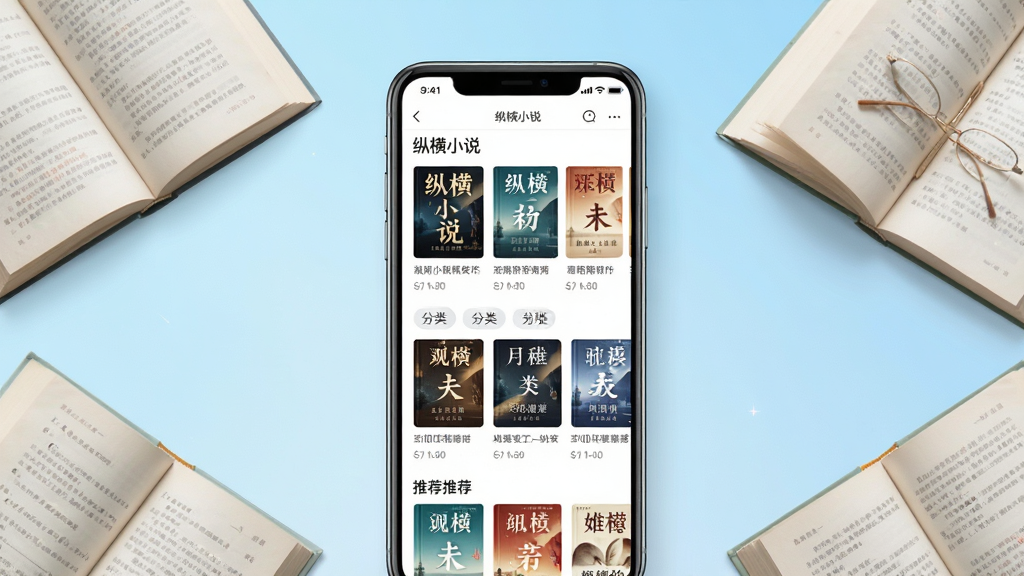 一张展示智能手机竖屏界面的图片,手机屏幕中显示“纵横小说”APP的书城首页,页面排版整齐,包含封面图、分类标签和推荐书单。背景为浅蓝色渐变,手机周围散落几本翻开的纸质书。整体风格清新简约,细节清晰,画质干净,无多余元素。