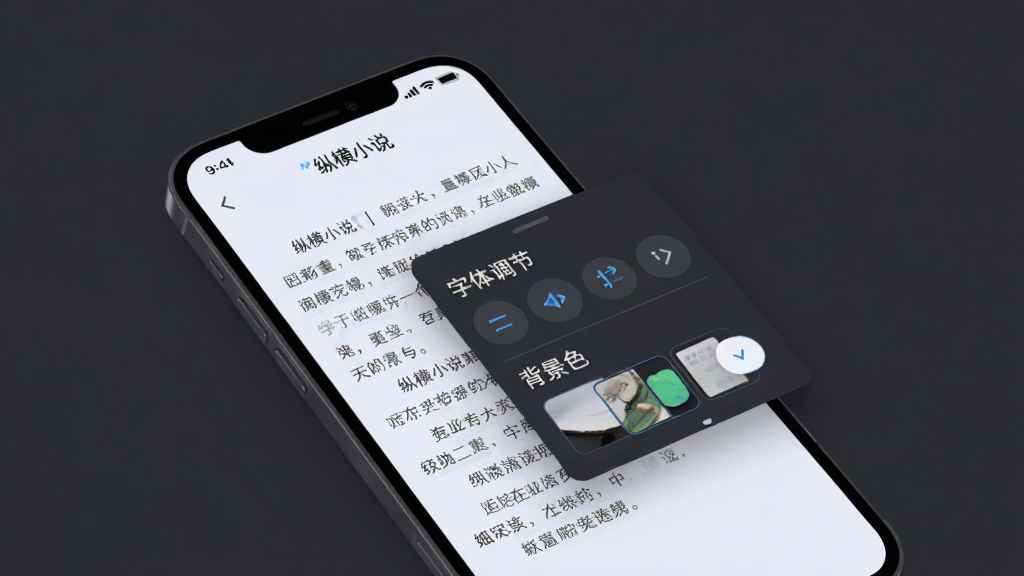 一张展示手机阅读界面设置的图片,屏幕中“纵横小说”阅读页弹出字体调节与背景色选择面板,页面文字清晰。背景为深灰色,手机屏幕散发柔和光线。风格科技感与舒适感结合,排版简洁,画质干净,无多余元素。