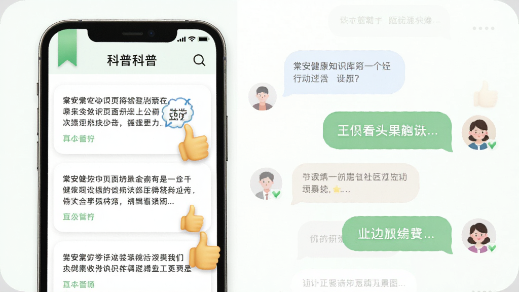 棠安健康知识库页面与社区互动场景结合图,画面左侧为手机屏幕显示科普文章列表,右侧为对话气泡与用户头像,布局左右分栏,风格柔和圆角,细节有绿色书签与点赞手势,画质清晰,干净,无多余元素