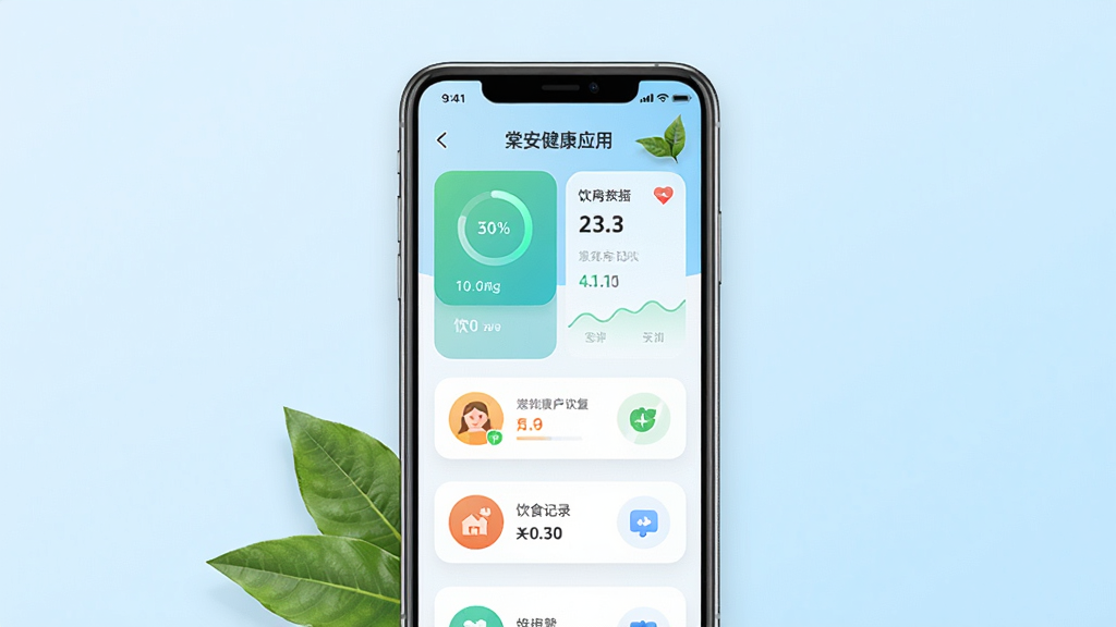 一张展示棠安健康应用主界面的手机样机图,画面中央是手机屏幕,屏幕内显示健康数据卡片与饮食记录图标,背景为浅蓝色渐变,布局简洁居中,风格现代清新,细节包括圆形进度条与绿色叶子装饰,画质清晰,干净,无多余元素