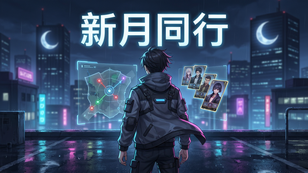 画面中央是新月同行的游戏主视觉,主体为一位身着都市机能风外套的年轻组长背影,站在霓虹闪烁的都市天台边缘,面前悬浮着半透明的战术地图与角色卡牌虚影,布局采用中心构图,上方留白处用发光字体写着“新月同行”,排版层次分明,风格为二次元都市奇幻,细节包含雨后湿润的柏油路面反光、远处高楼上的新月标志、角色衣摆随风微动,画质高清,画面干净,无多余元素