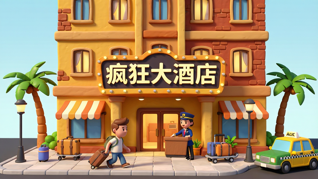 一幅竖版手机游戏场景插画,画面主体是一座造型夸张的多层酒店建筑,外墙为暖黄色与砖红色相间,门口站着拖着行李箱的卡通旅客和穿着制服的前台服务员,酒店招牌上用醒目的字体写着“疯狂大酒店”,建筑周围点缀棕榈树、路灯和一辆出租车。布局采用中心构图,酒店占据画面中上部,下方为入口广场与人物。排版清晰,风格为欧美卡通3D渲染,细节包含窗户灯光、遮阳棚条纹、行李推车等元素,画质高清,画面干净,无多余元素。