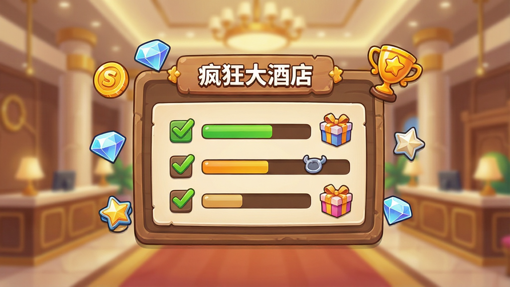 一幅卡通风格游戏任务面板插画,画面中央是一块悬浮的任务看板,看板上用清晰文字写着“疯狂大酒店”任务列表,周围环绕金币、钻石、星星奖杯等图标,背景为酒店大堂虚化场景。布局为居中对称,看板占据画面主体。排版采用游戏UI卡片式设计,风格为明亮卡通,细节包含勾选标记、进度条、礼盒图标,画质高清,画面干净,无多余元素。
