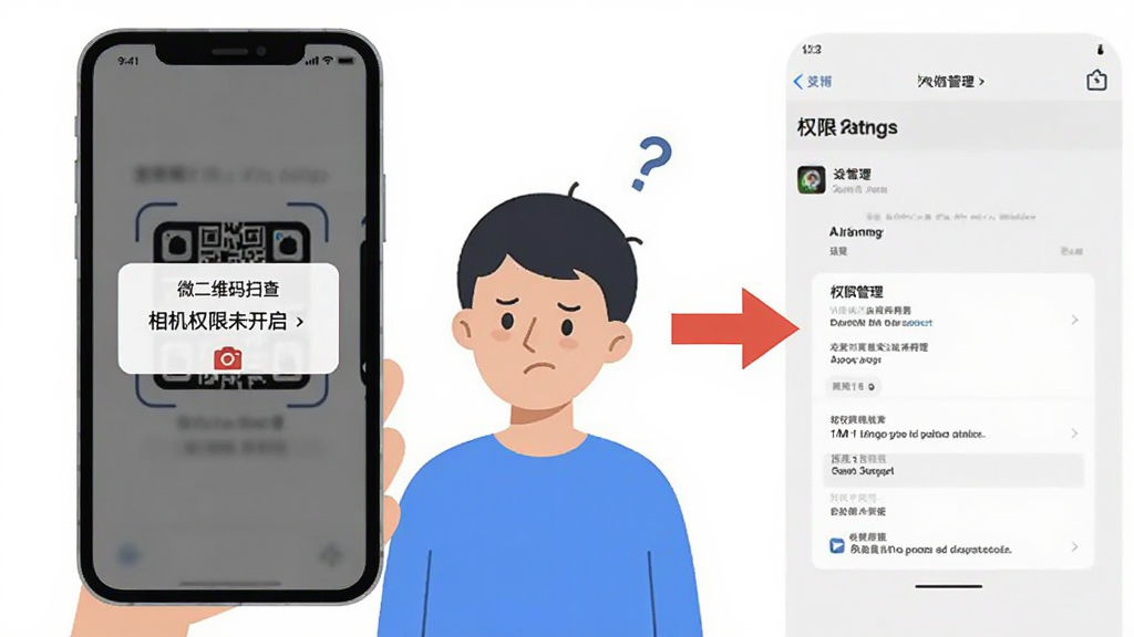 画面展示一部手机屏幕出现“微二维码扫查”软件的错误提示弹窗,旁边有一位用户表情困惑,画面右侧有箭头指向手机设置中的权限管理界面,布局上手机位于左侧,设置界面位于右侧,风格为扁平化插画风,细节上弹窗文字为“相机权限未开启”,画质高清,干净,无多余元素